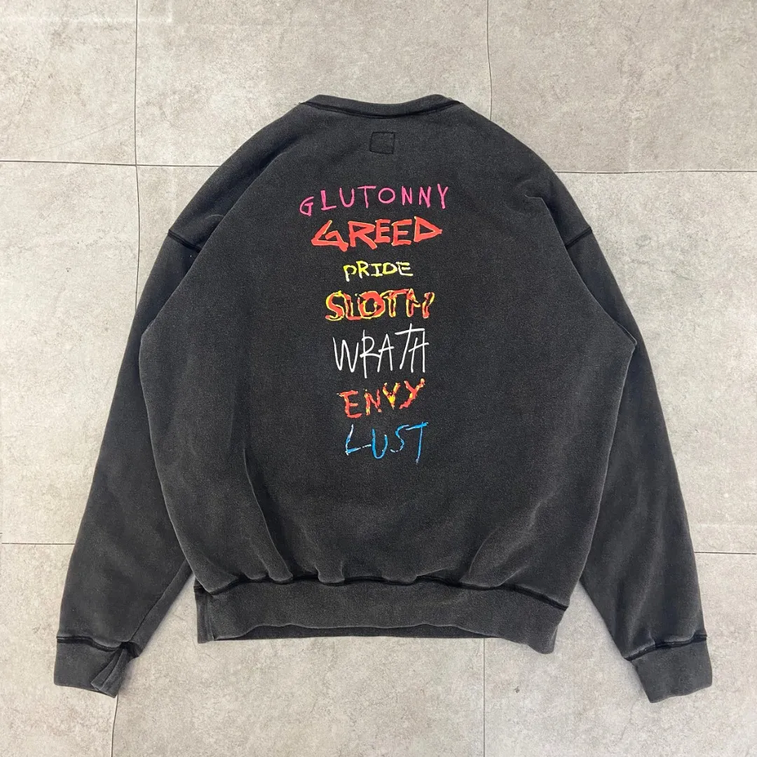 New 🆕SAINT OF MICHAEL new CREW SWEAT MX American retro round neck pullover loose velvet distressed washed long-sleeved sweatshirt Fabric: 420g Style number: SM606 Size: S-M-L-XL Color: Black Price: P198